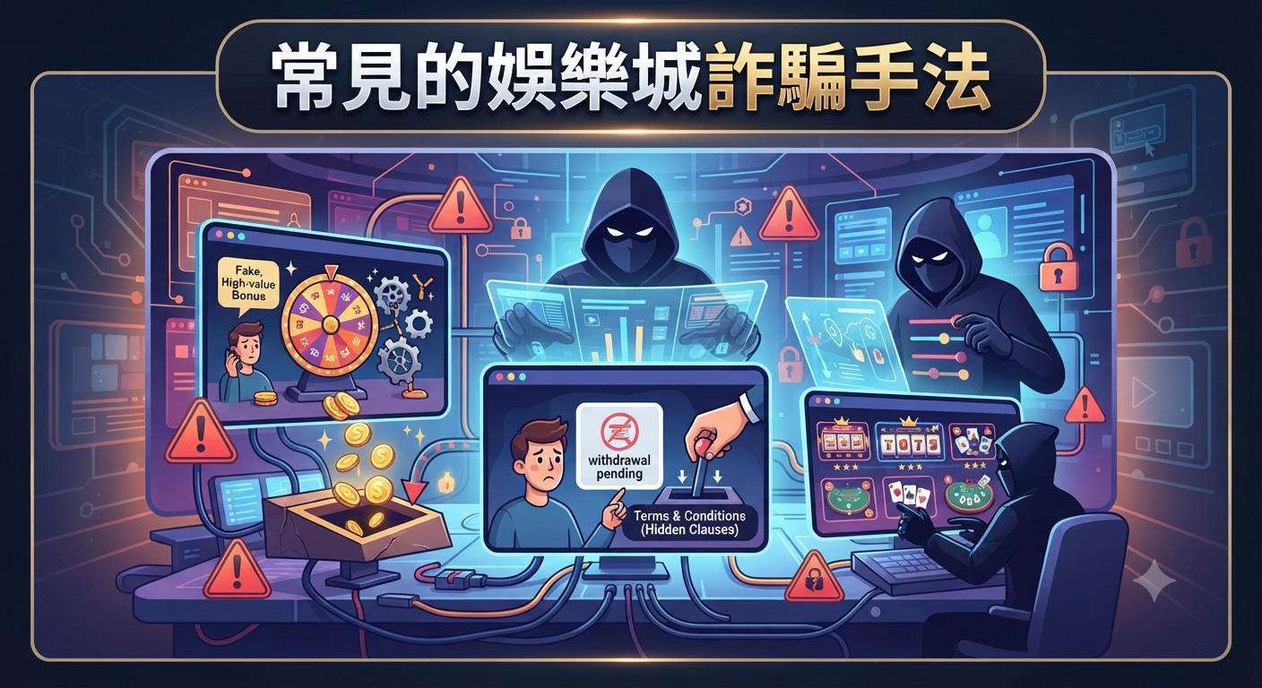 這張圖片展示了網路詐騙份子利用虛假高額紅利和隱藏條款，誘騙受害者無法提現的常見手法。 畫面以數位科技風格呈現，強調了娛樂城詐騙中惡意操控平台與受害者無助的情境。