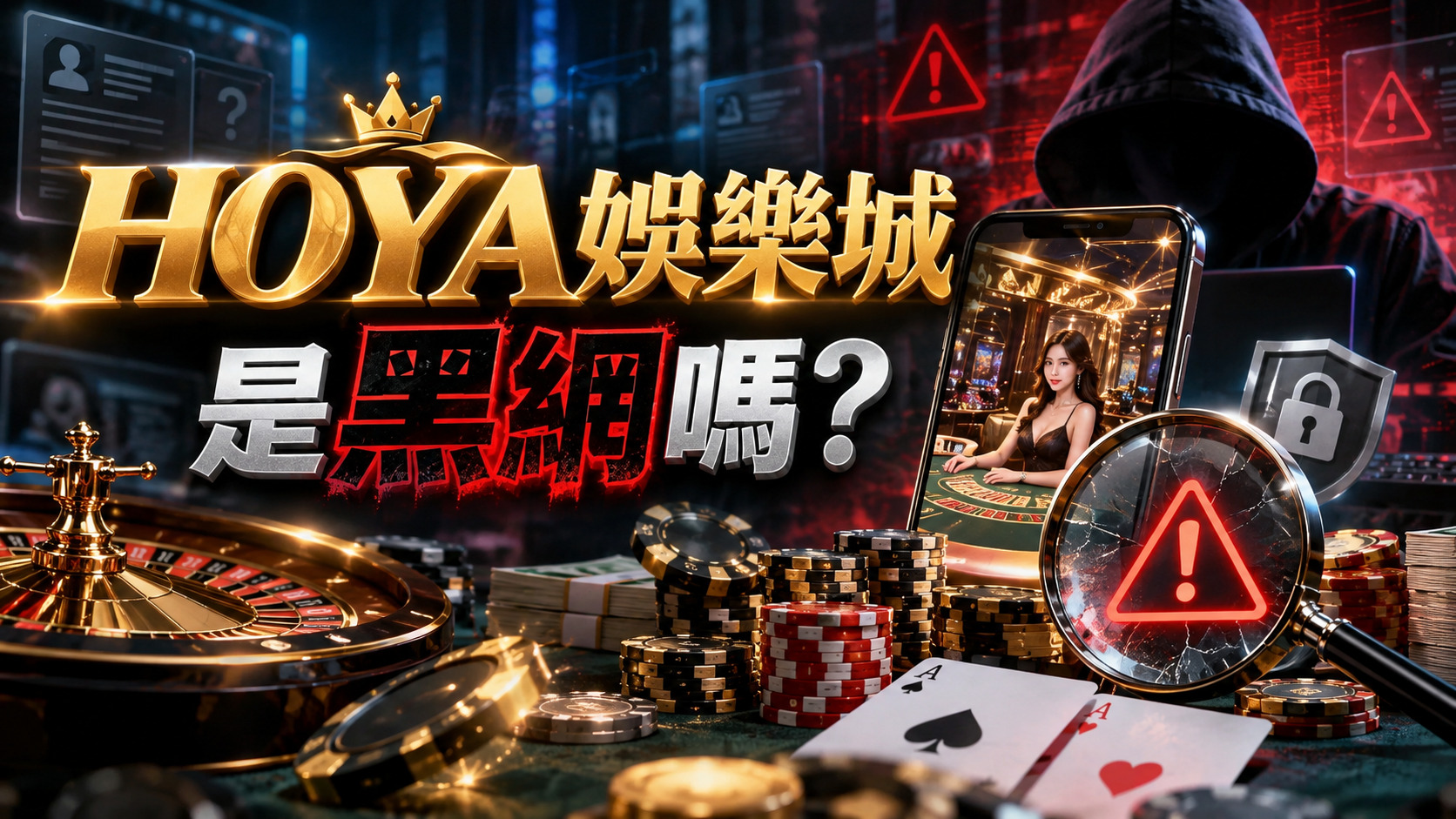 圖片以黑紅金色調呈現 HOYA娛樂城的安全疑慮,結合神秘駭客、賭場遊戲與警示符號,營造防詐調查氛圍。 透過放大鏡、警告標誌與安全鎖等元素,突顯娛樂城黑網風險、平台可信度及玩家出金安全的重要性。