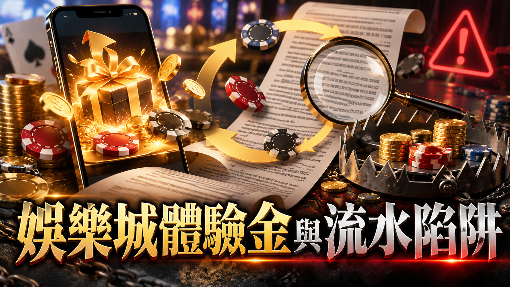 圖片以金色與黑紅色調呈現娛樂城體驗金的誘惑,搭配手機、金幣與籌碼,營造強烈的視覺效果。 透過放大鏡、流水循環箭頭及警告標誌,突顯隱藏的流水條件與出金陷阱,提醒玩家留意優惠風險。